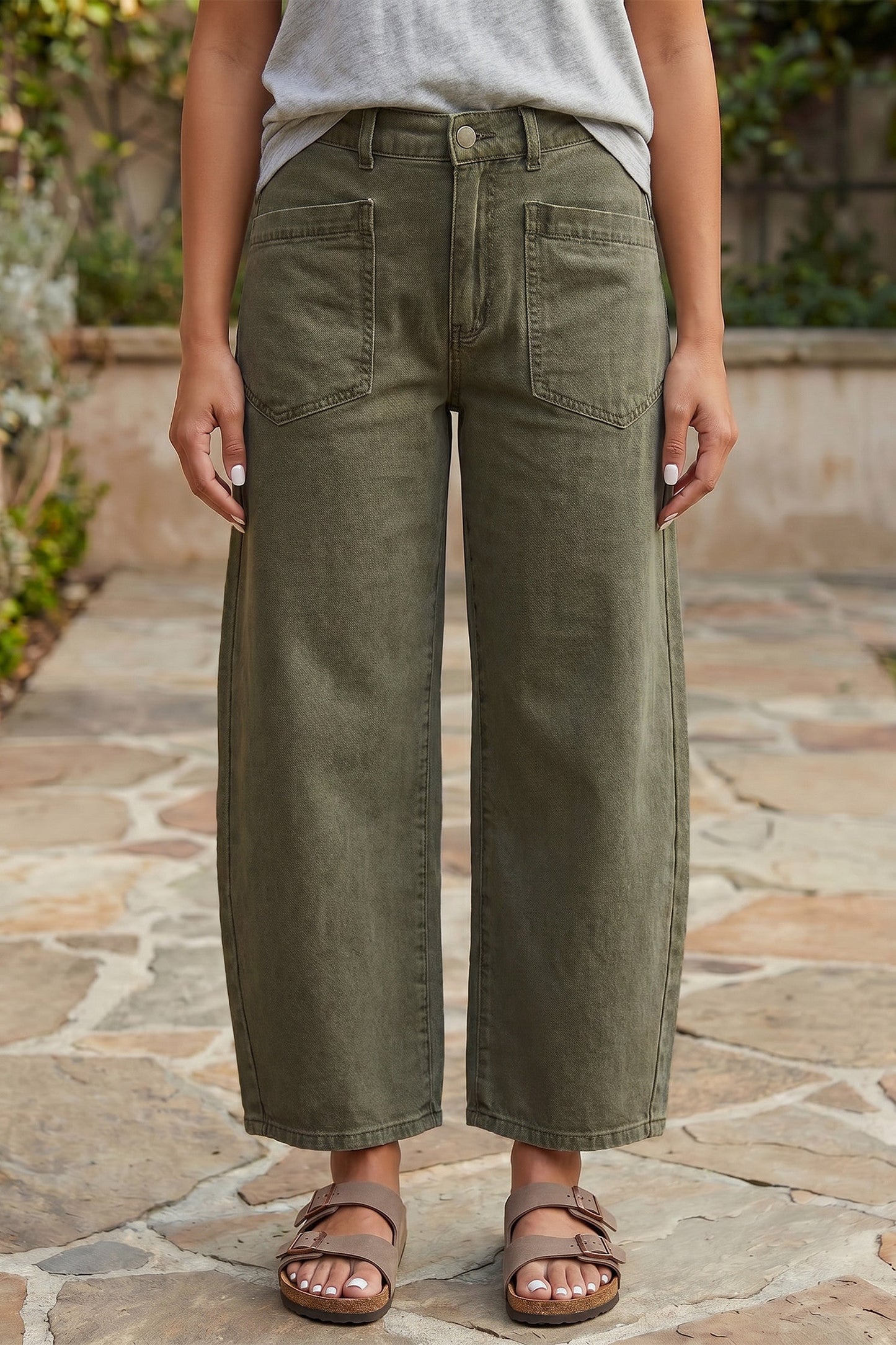 PRE-ORDER Green Ankle Length Barrel Jeans