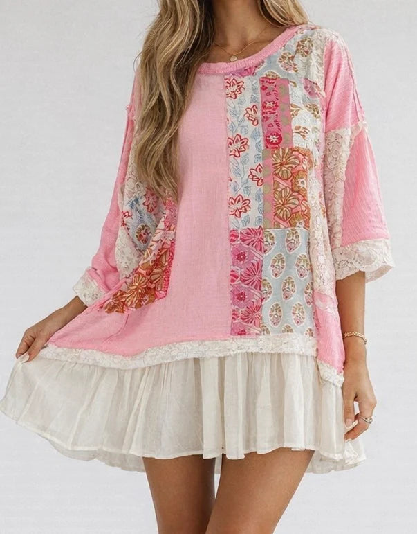 PRE-ORDER Pink Boho Ruffle Hem Dress