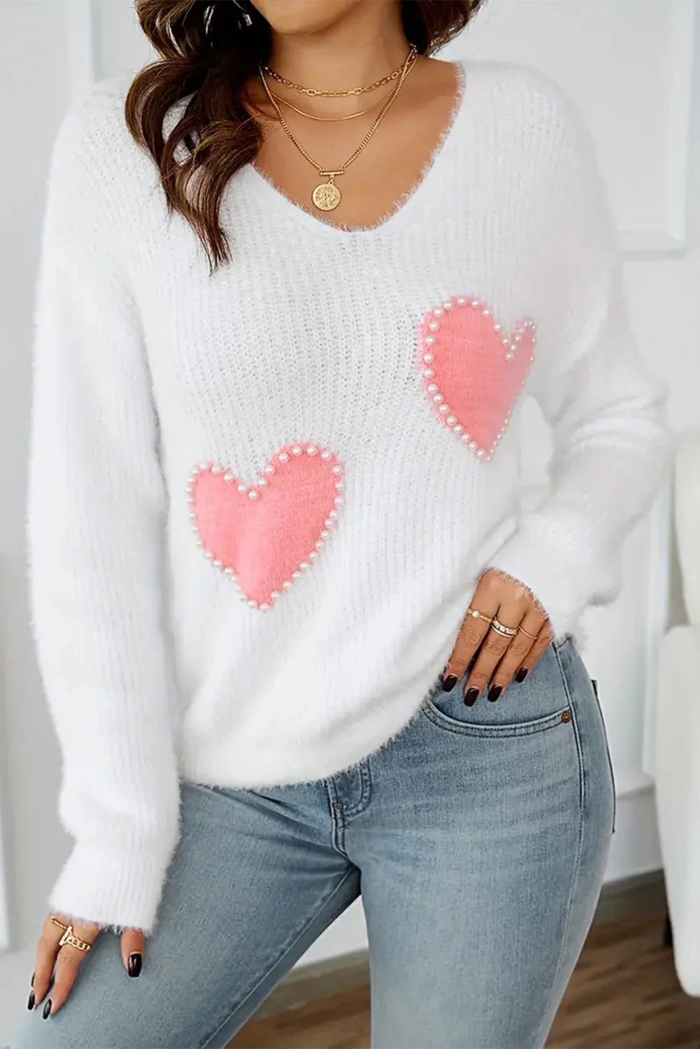 White and Pink Pearl Heart Sweater