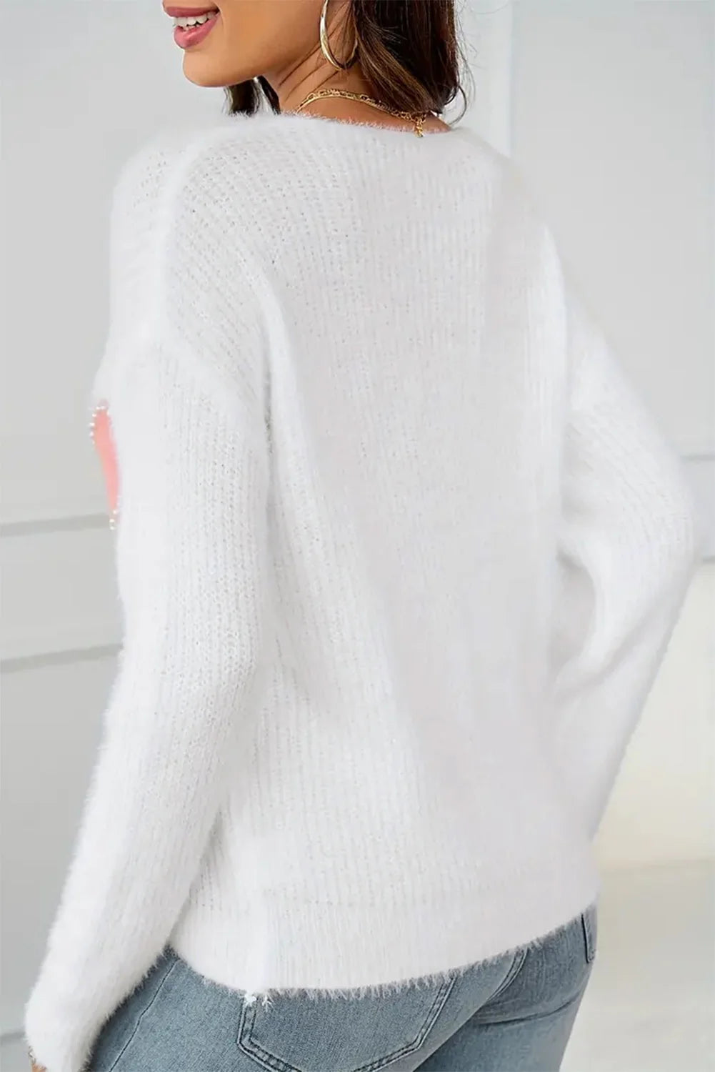 White and Pink Pearl Heart Sweater