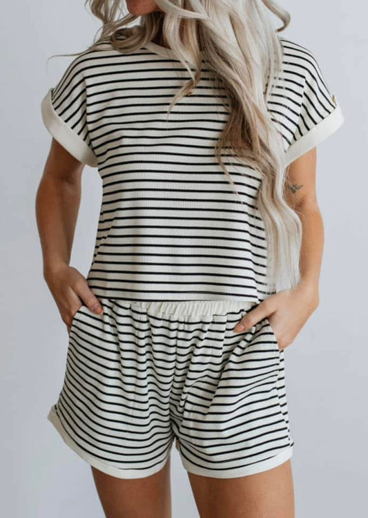 White Stripe Short Sleeve and Short Set