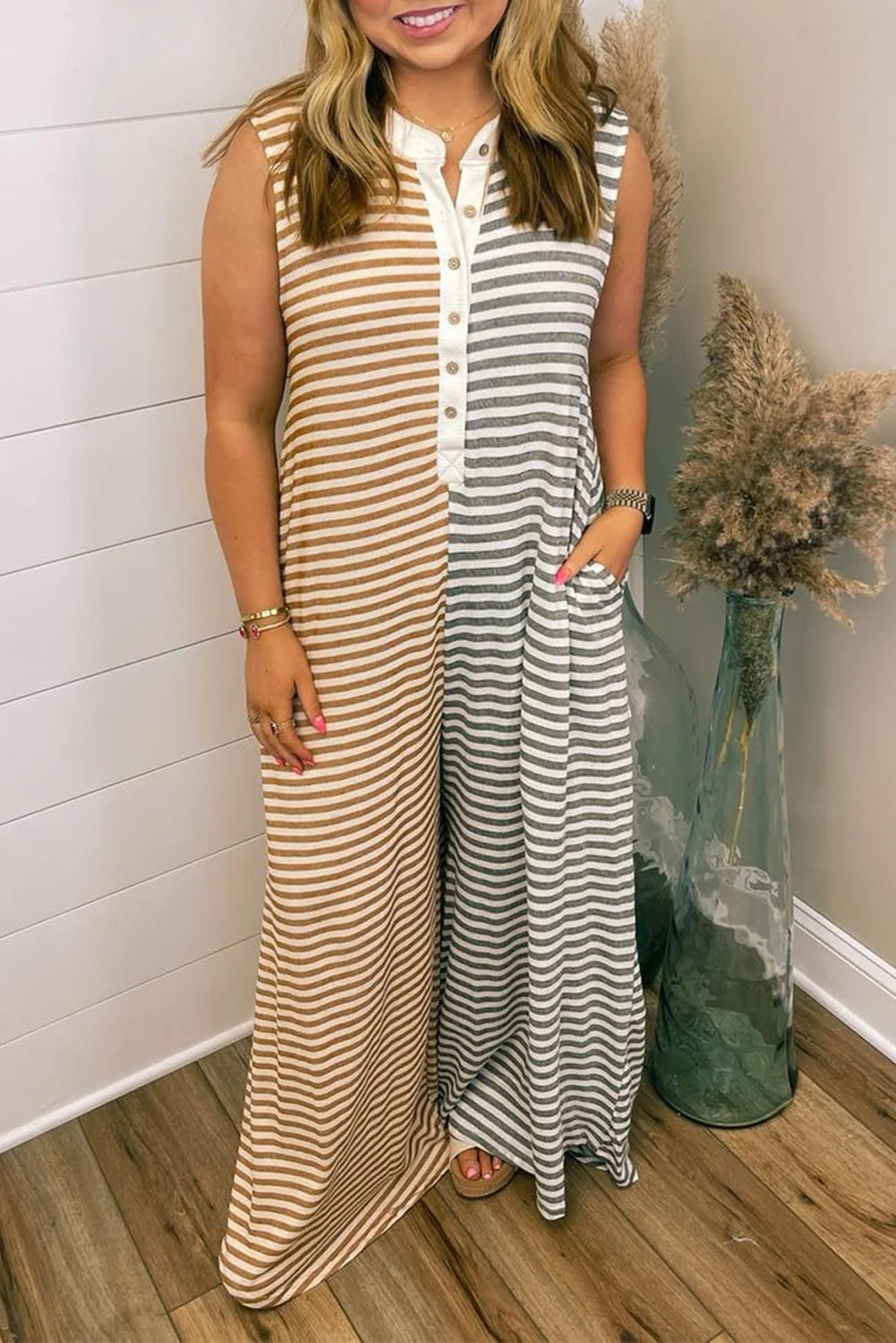 PRE-ORDER Plus Sized Striped Colorblock Jumpsuit