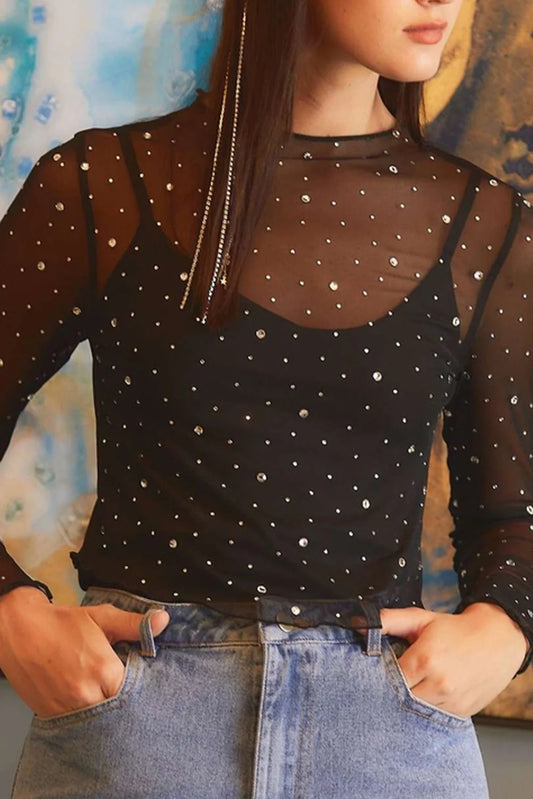 PRE-ORDER Black Rhinestone Mesh Top