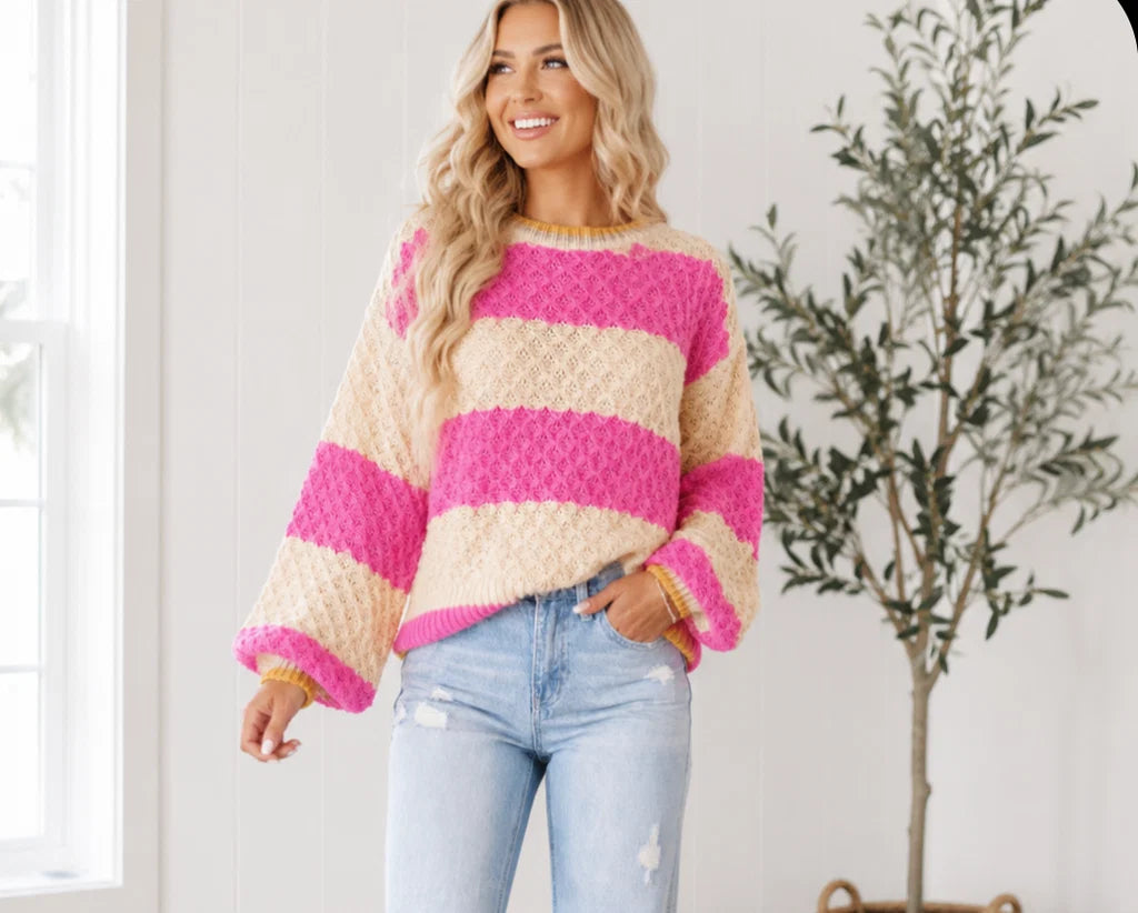 Pink Striped Colorblock Texture Sweater