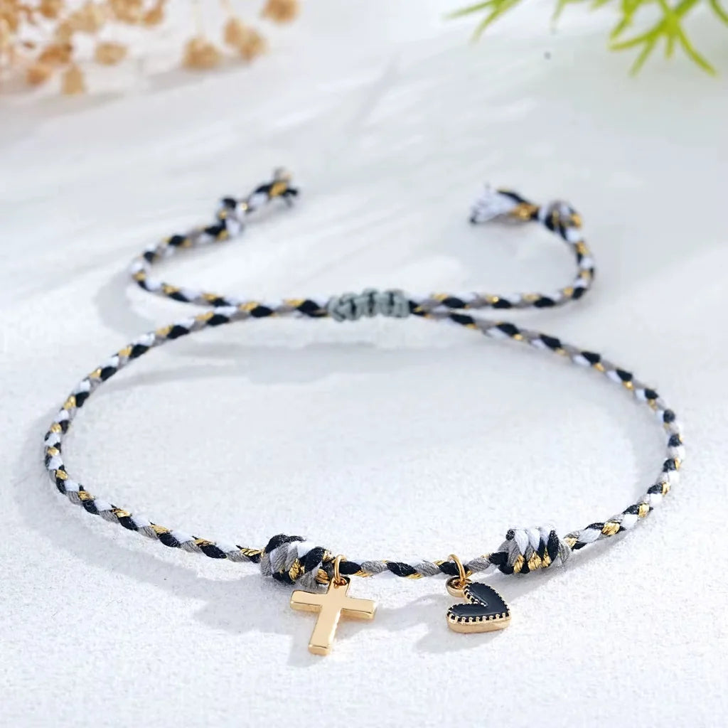 Woven Cross and Heart Charm Bracelet