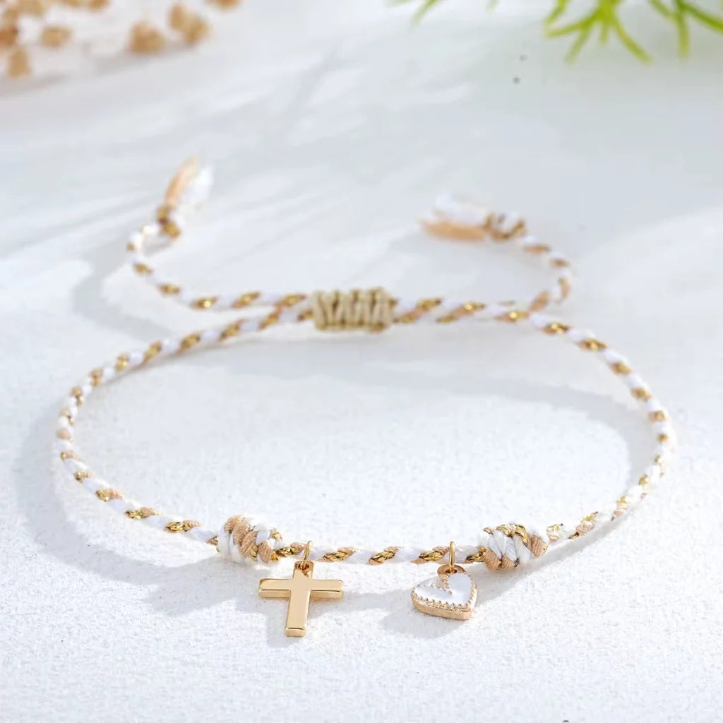 Woven Cross and Heart Charm Bracelet