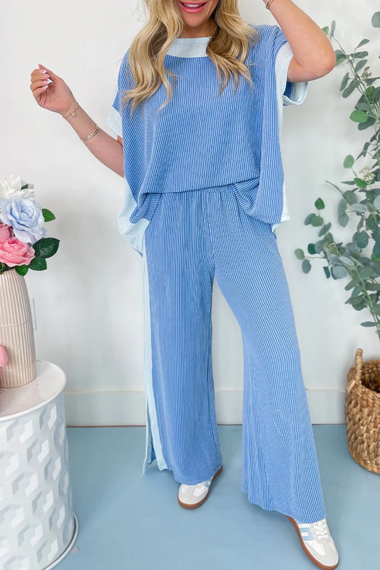 Blue Colorblock Corded Pants Set