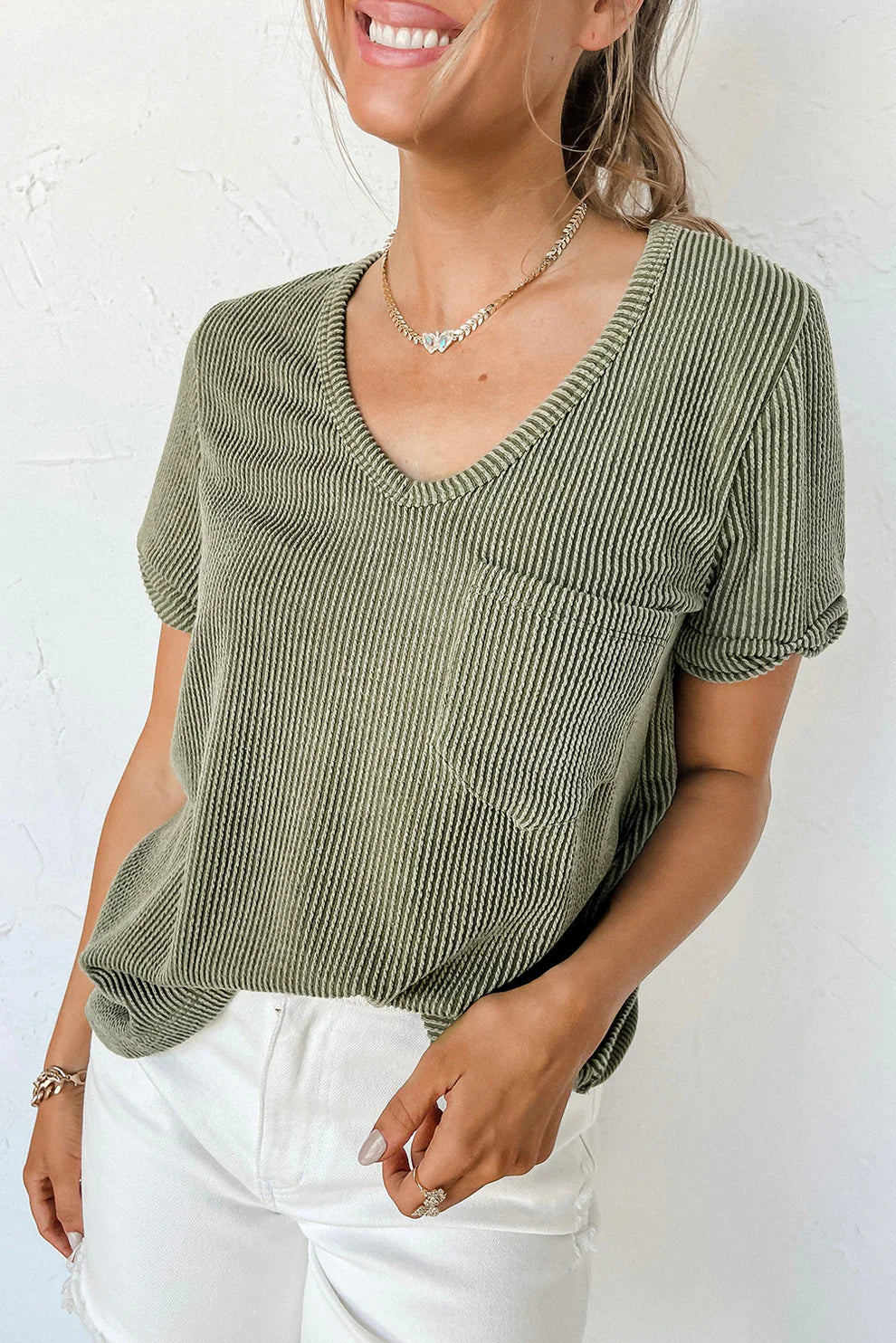 Green Short Sleeve V Neck Top