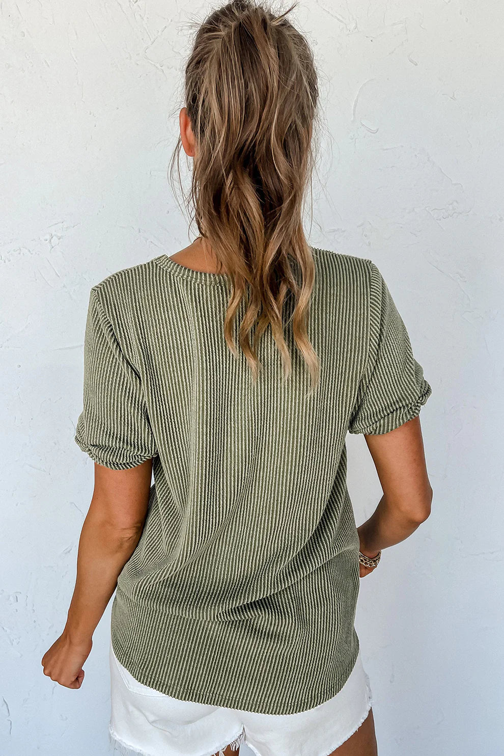 Green Short Sleeve V Neck Top