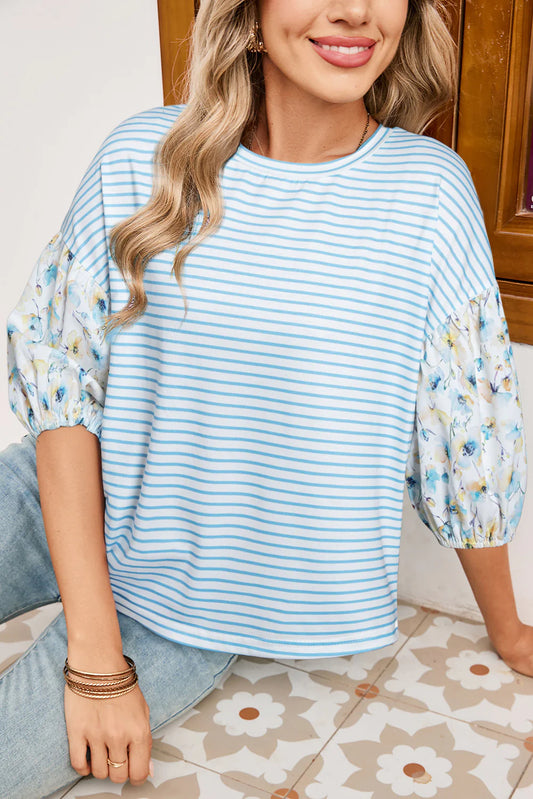 Blue Stripe Floral Sleeve Top
