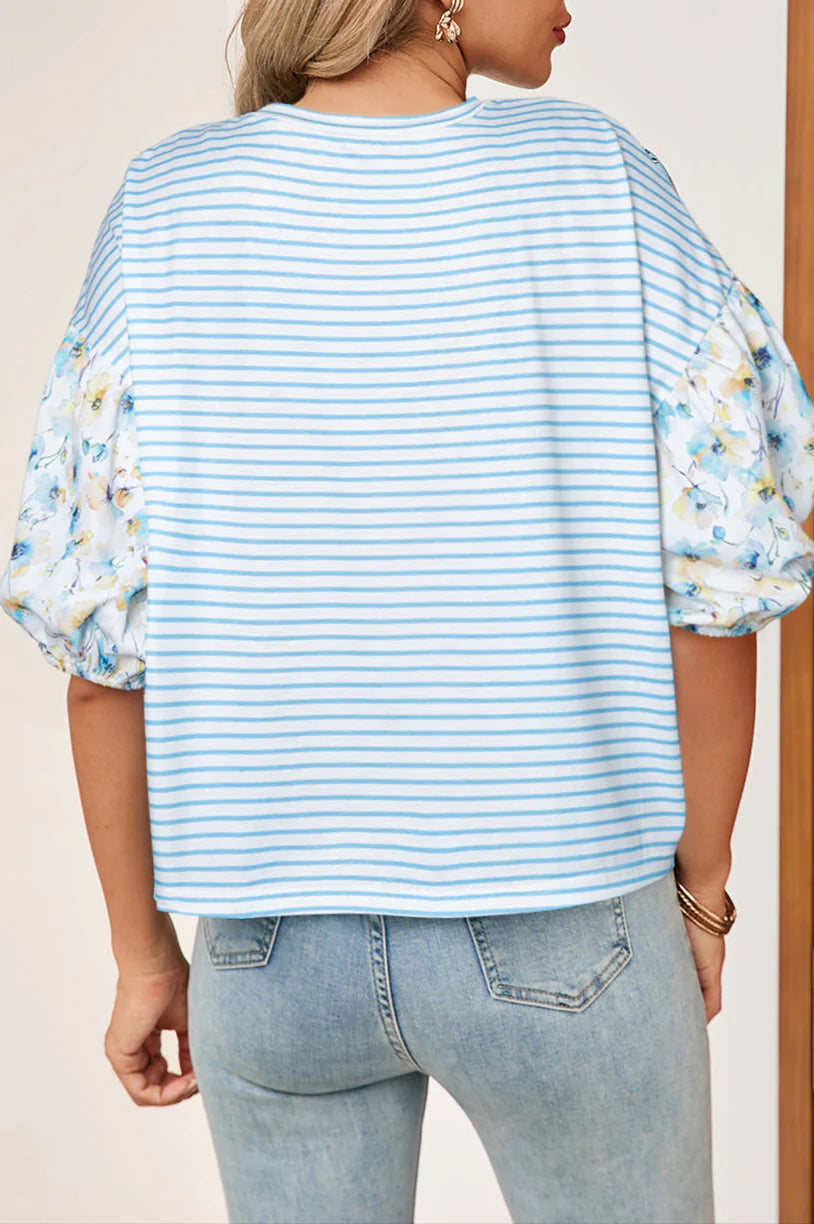 Blue Stripe Floral Sleeve Top
