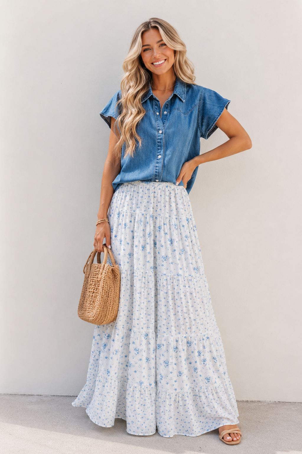 PRE-ORDER Blue Waist Floral Boho Skirt