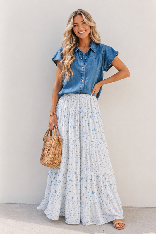 PRE-ORDER Blue Waist Floral Boho Skirt