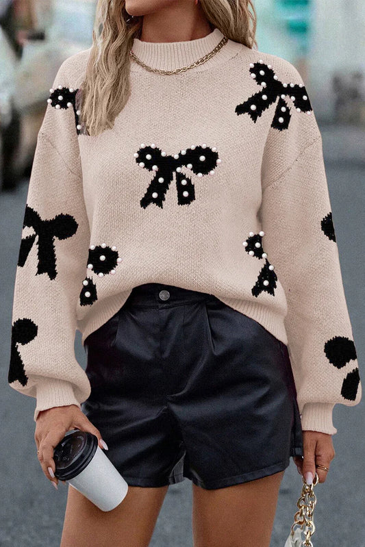 PRE-ORDER Beige Pearl Bow Sweater