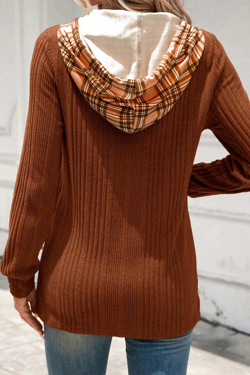 PRE-ORDER Ribbed Plaid Hooded Top