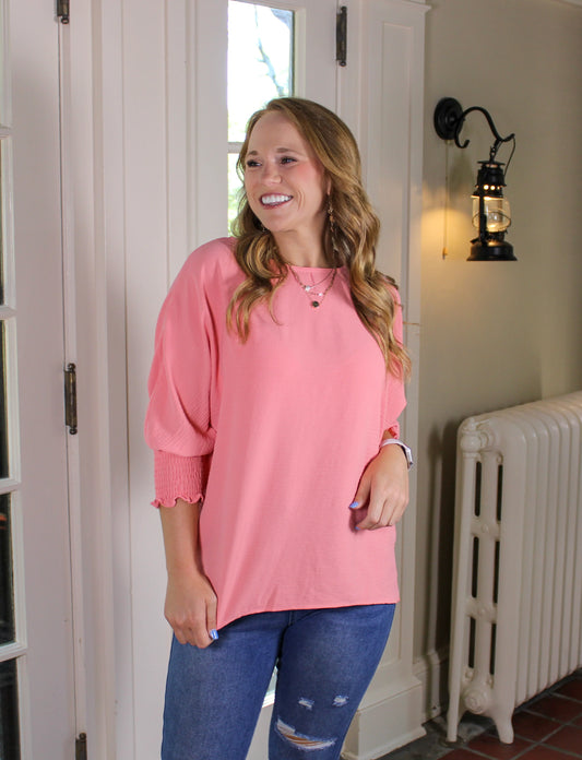 Peach Smocked Sleeve Blouse