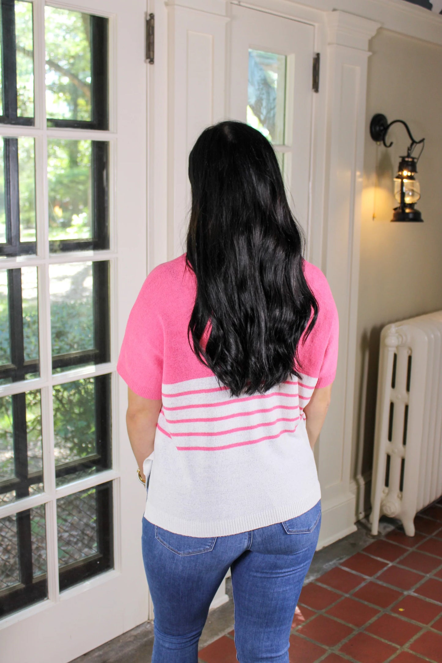 Pink Striped Knit Pocket Tee