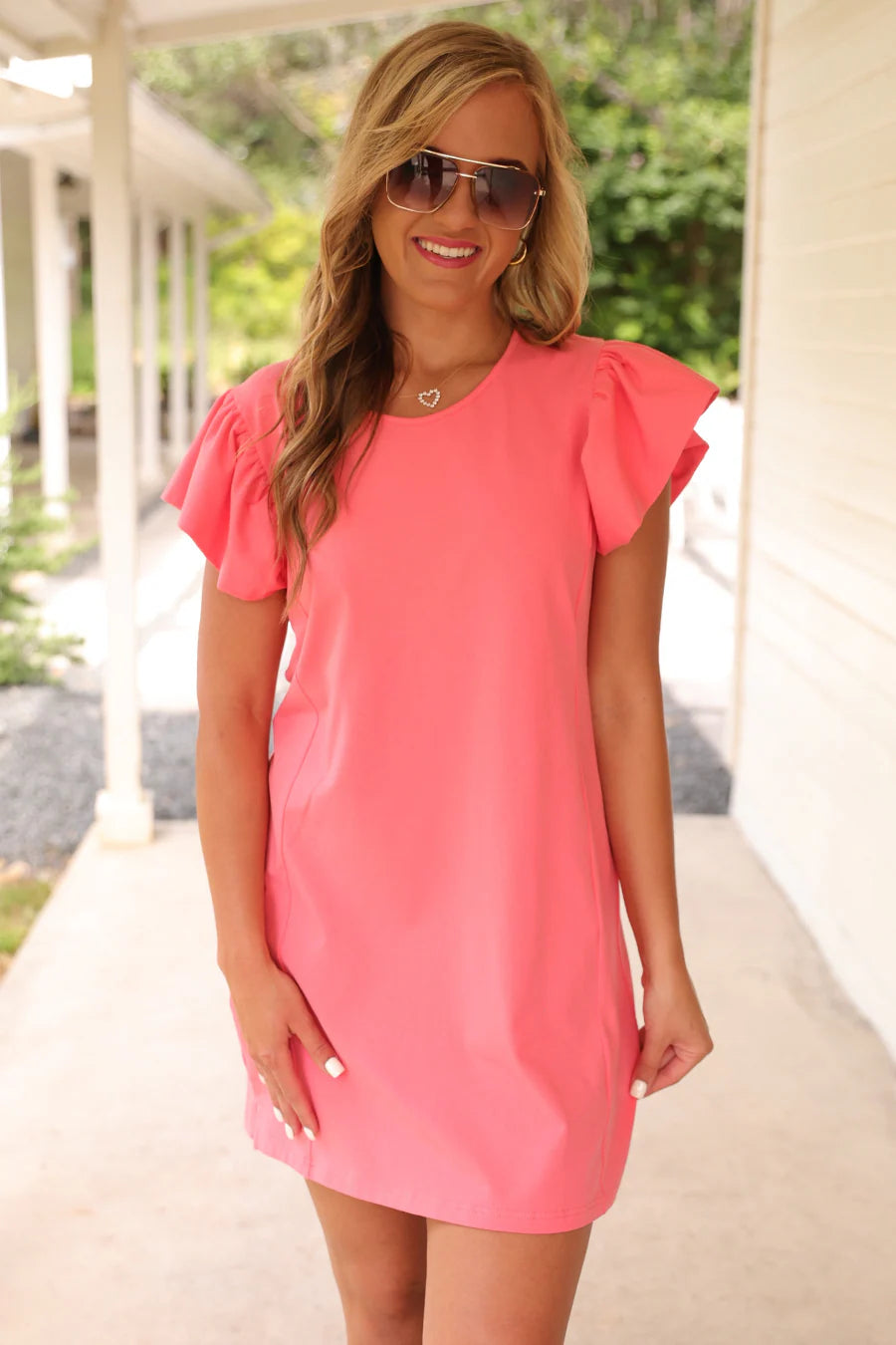 Caitlin Flutter Sleeve Dress, Coral