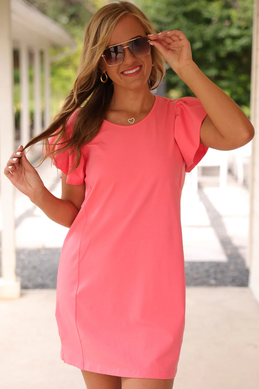 Caitlin Flutter Sleeve Dress, Coral