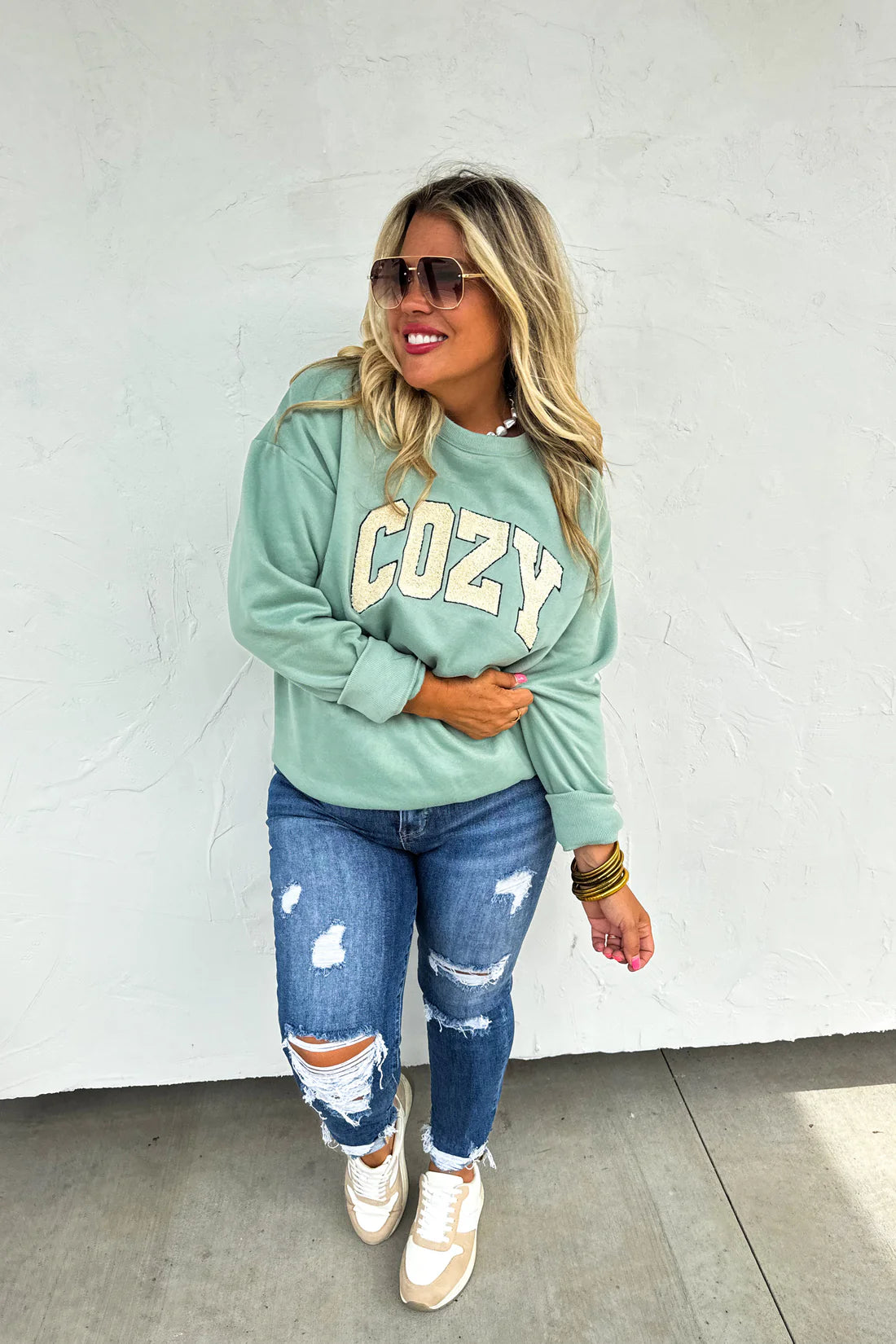 Cozy SHERPA LETTER EMBROIDERED SWEATSHRIT