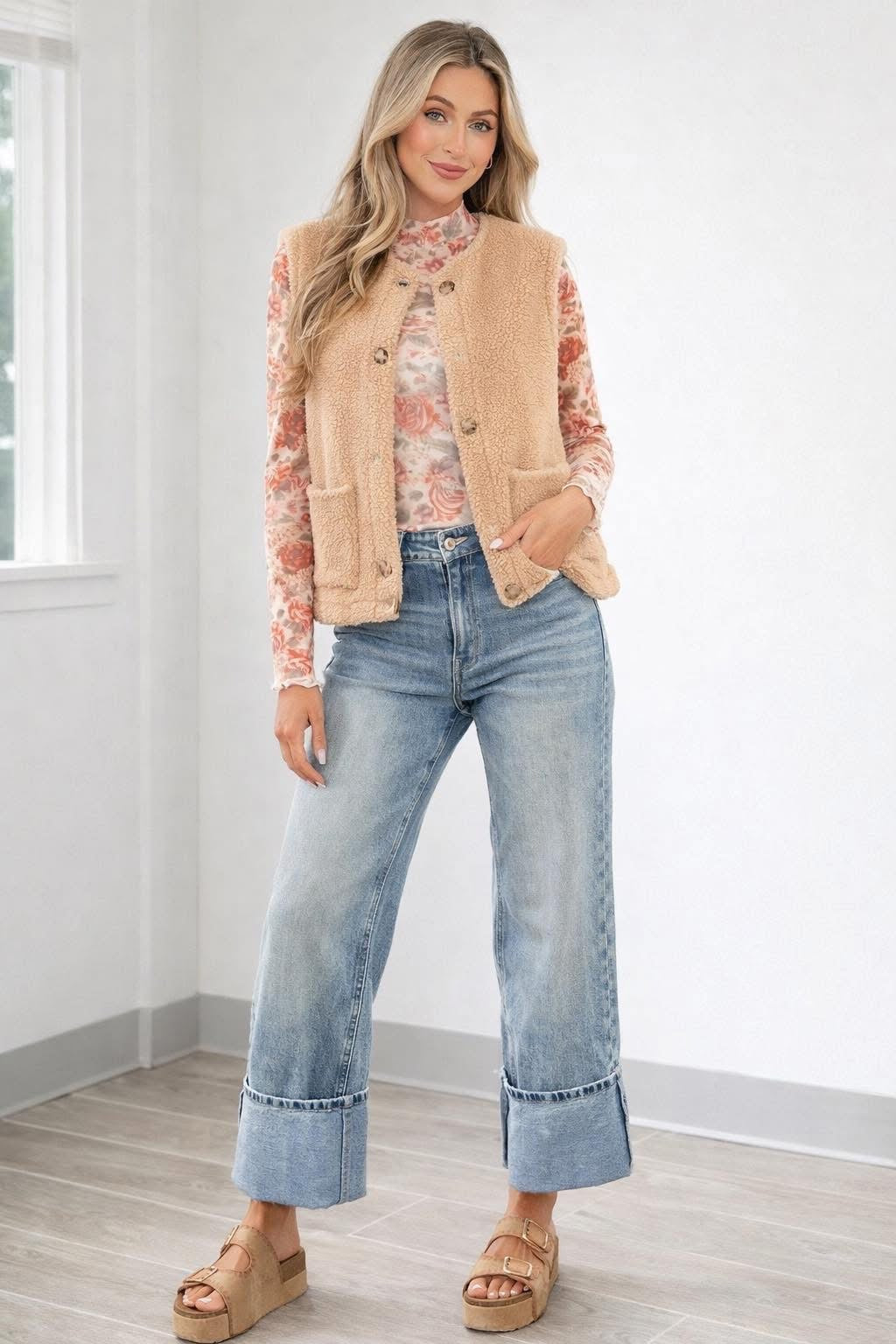 PRE-ORDER Beige Button Fuzzy Vest