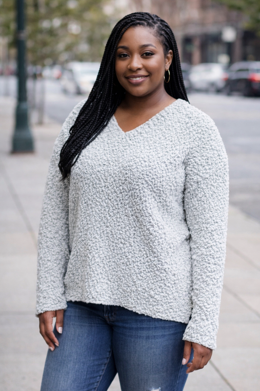 V- NECK LONG SLEEVE POPCORN SWEATER