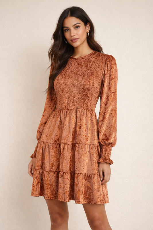 Brown Solid Velvet Smocked Long Sleeve Mini Dress