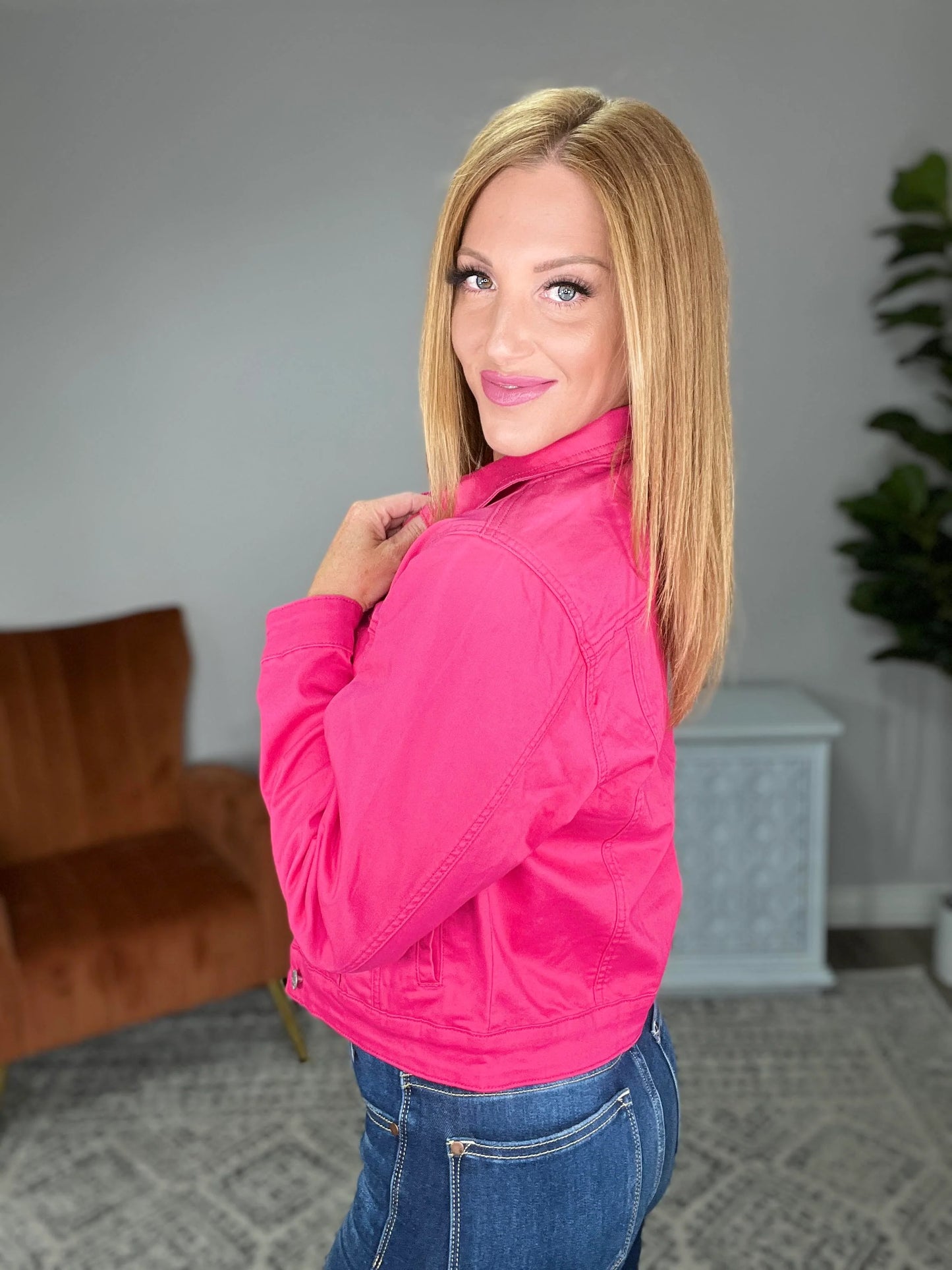 Classic Fit Non-Distressed Colored Denim Jacket- MAGENTA