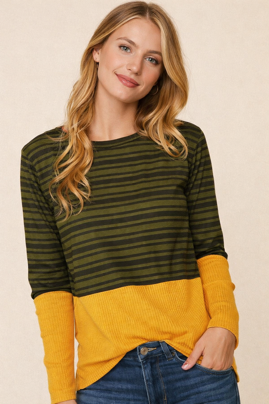OLIVE & MUSTARD STRIPE RIB COLOR BLOCK TOP