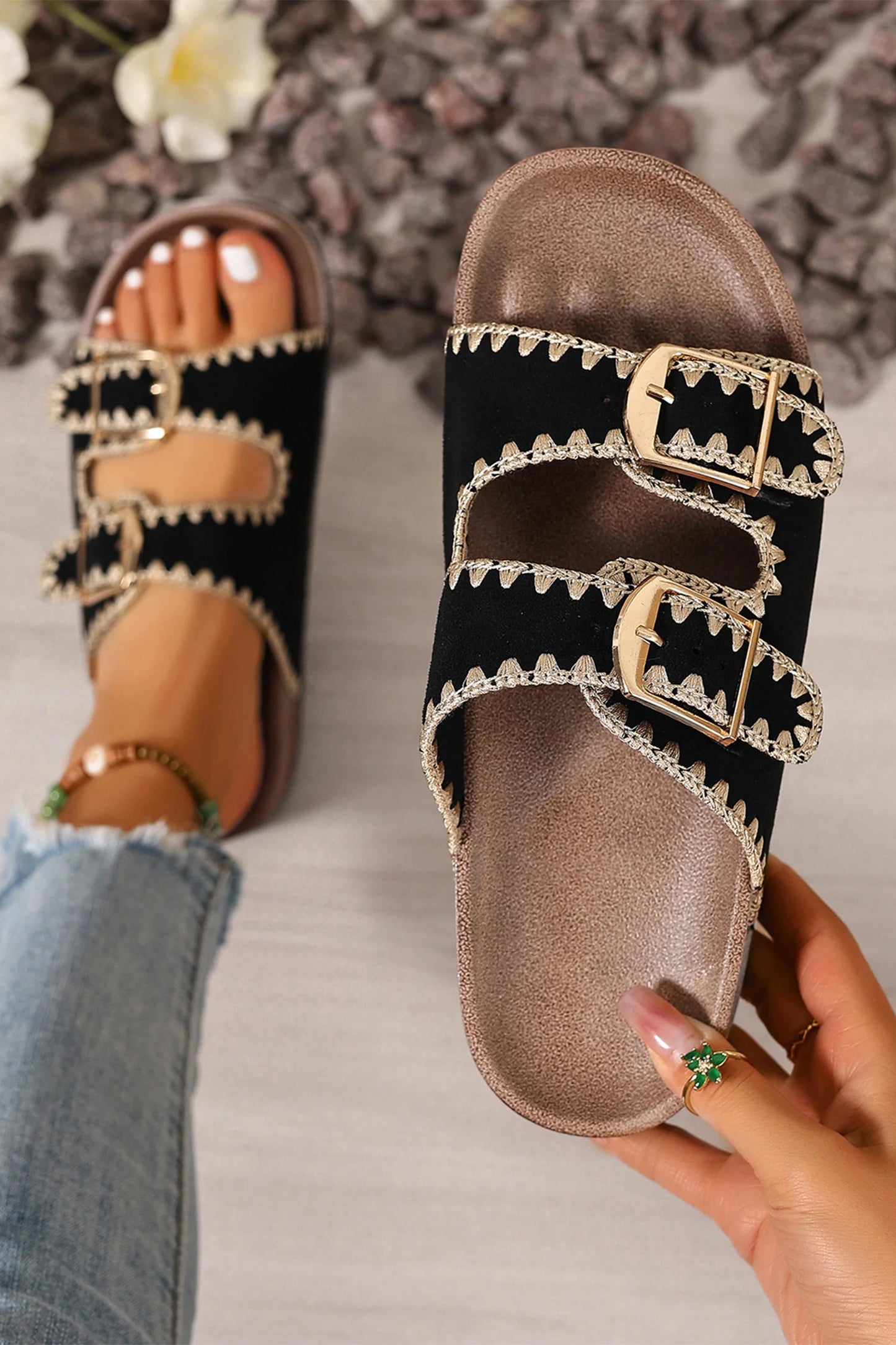 Embroidered Buckle Sandal