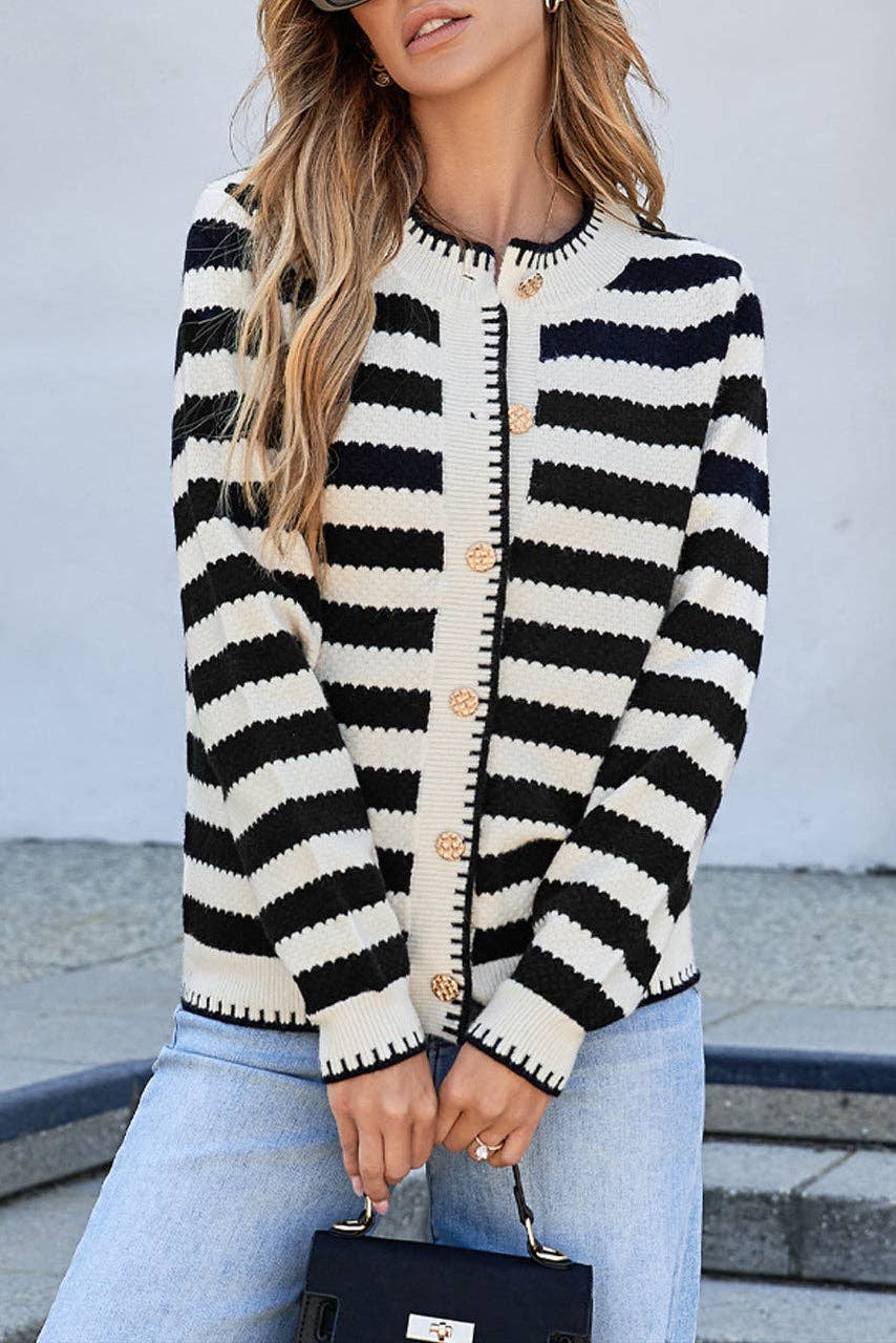 Stripe Buttoned Cardigan Sweater: Black Stripe