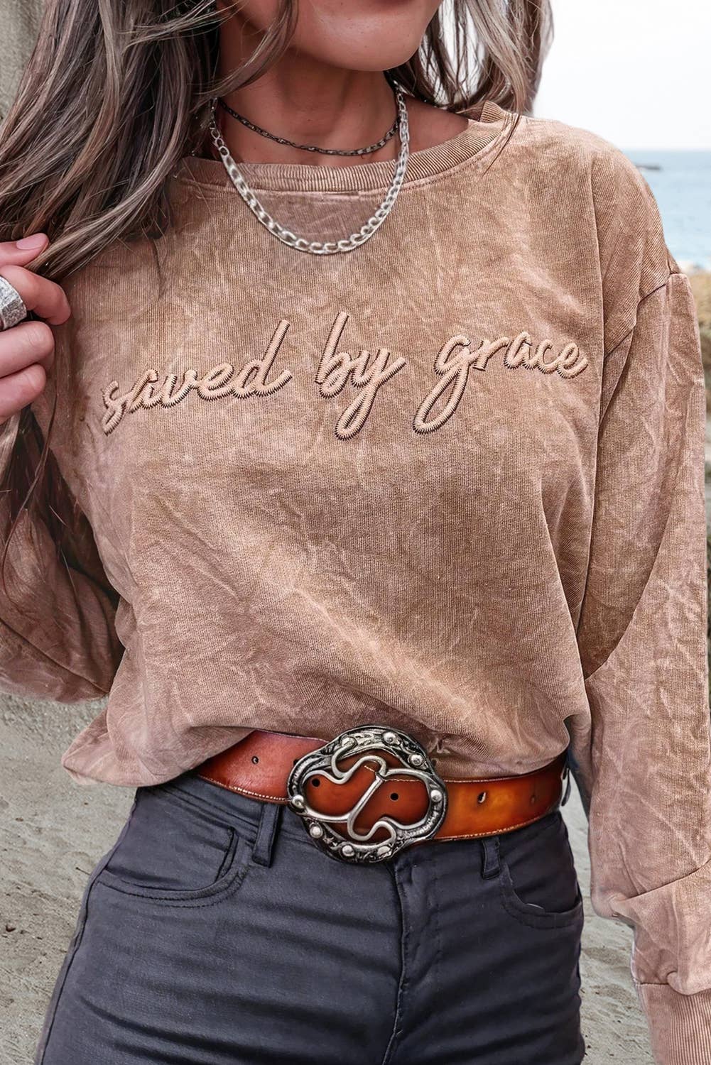 Saved by grace Embroidery Mineral Wash Sweatshirt