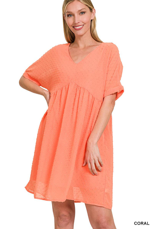Coral Swiss Dot Babydoll Dress