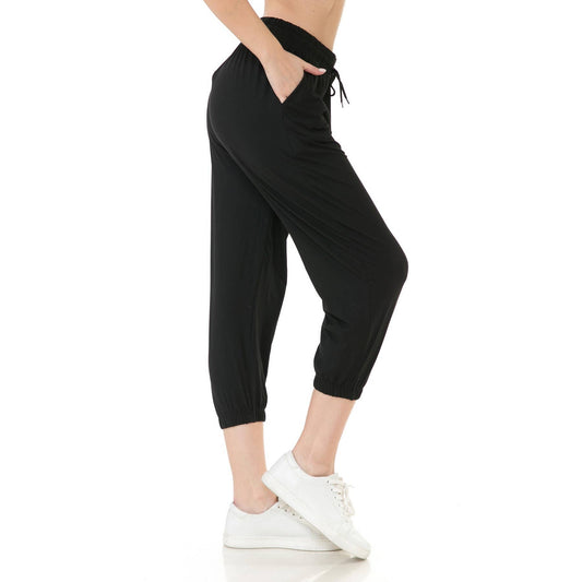 Buttery Soft Solid Capri Joggers with Drawstring: Black