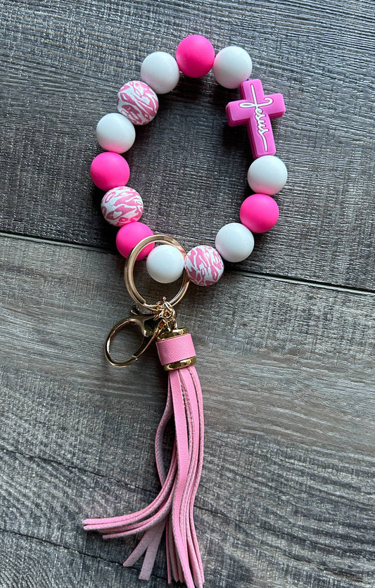 Faith in Jesus Cross Silicone Bead Wristlet Keychain- Pink