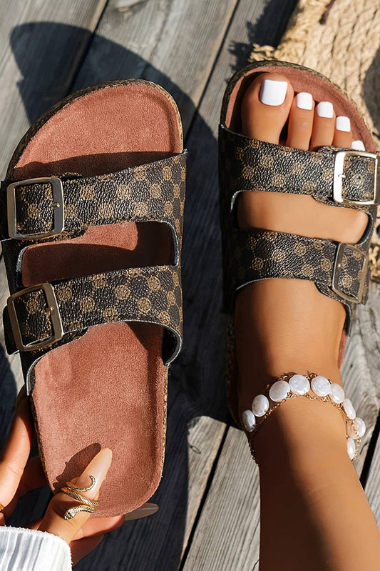 PRE-ORDER Coffee Geometric Print Cut Out Buckle PU Leather Flat Slippers