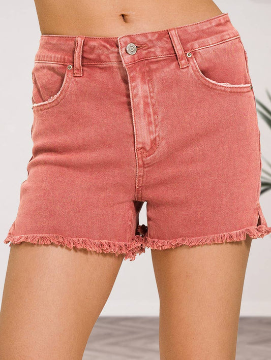 Acid Washed Frayed Cutoff Hem Shorts: CABERNET