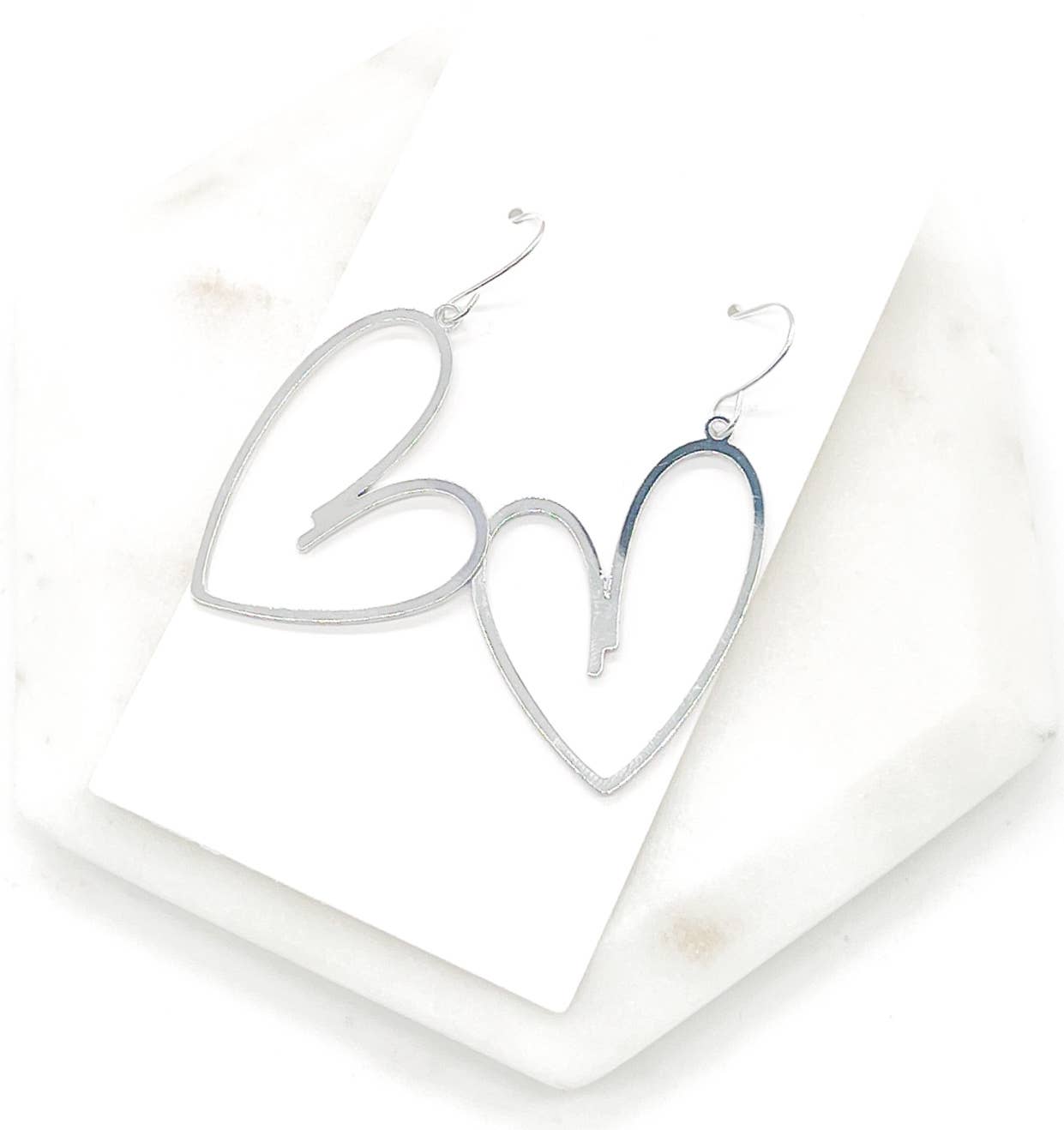 Silver Metal Heart Statement Earrings Valentines Day Holiday