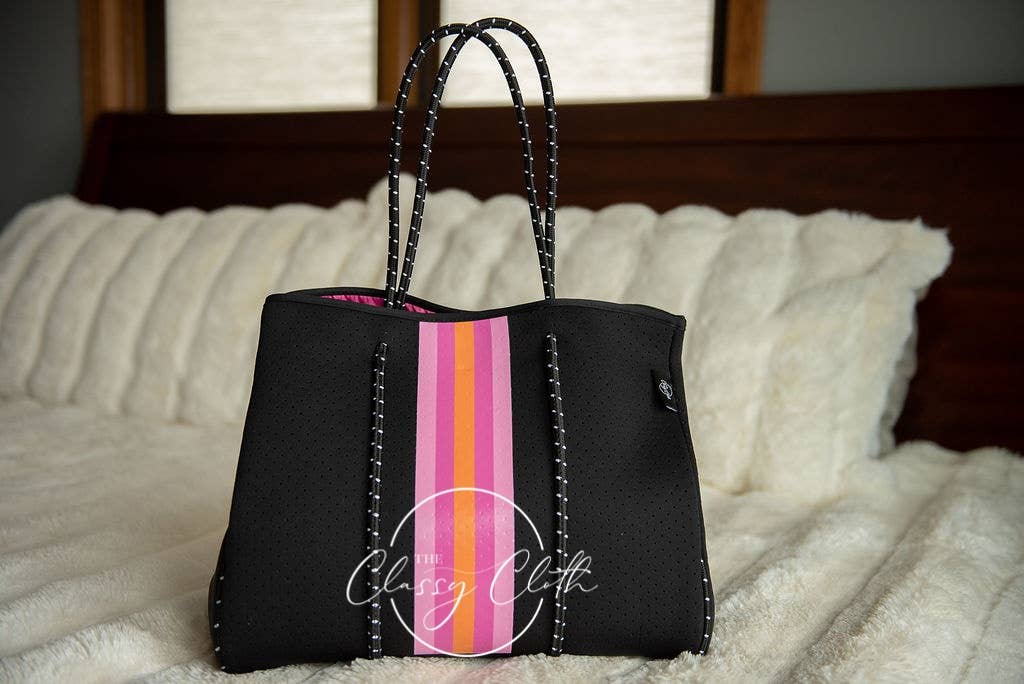 Neoprene Carryall Tote - Black w Hot Pink & Orange Stripe
