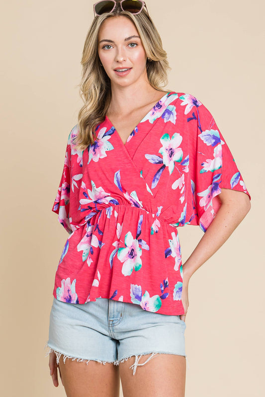 BOLD FLORAL WRAP TOP: RASPBERRY