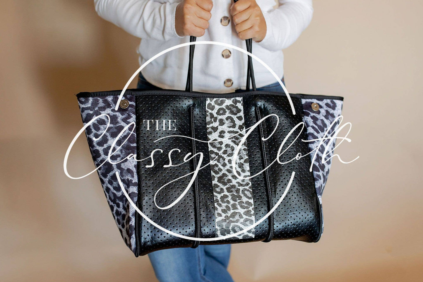 Neoprene Carryall Tote - Black w Leopard Sides