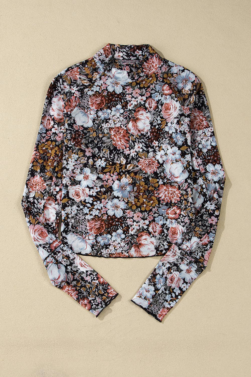 Floral Mesh Long Sleeve Blouse: Brown