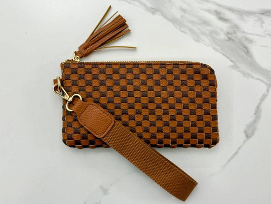 Lila Woven Wallet Wristlet - Brown & Tan Checkered