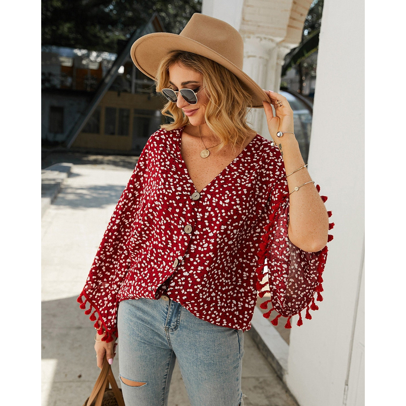 Boho Tassel V Neck Floral Button Down 3/4 Sleeve Blouse