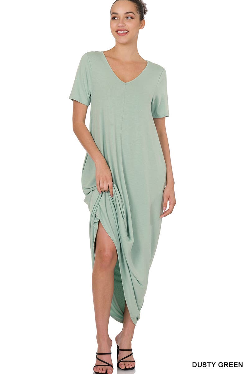Dusty Green Maxi Dress With Side Pockets