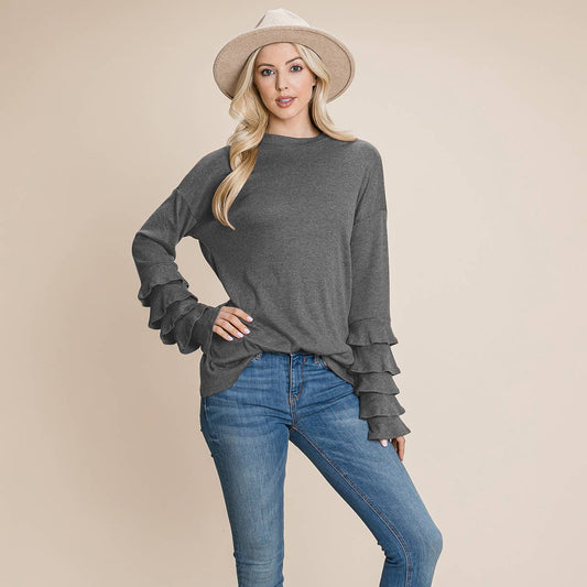 Long Sleeve Ruffle Layered Shirred Shirt