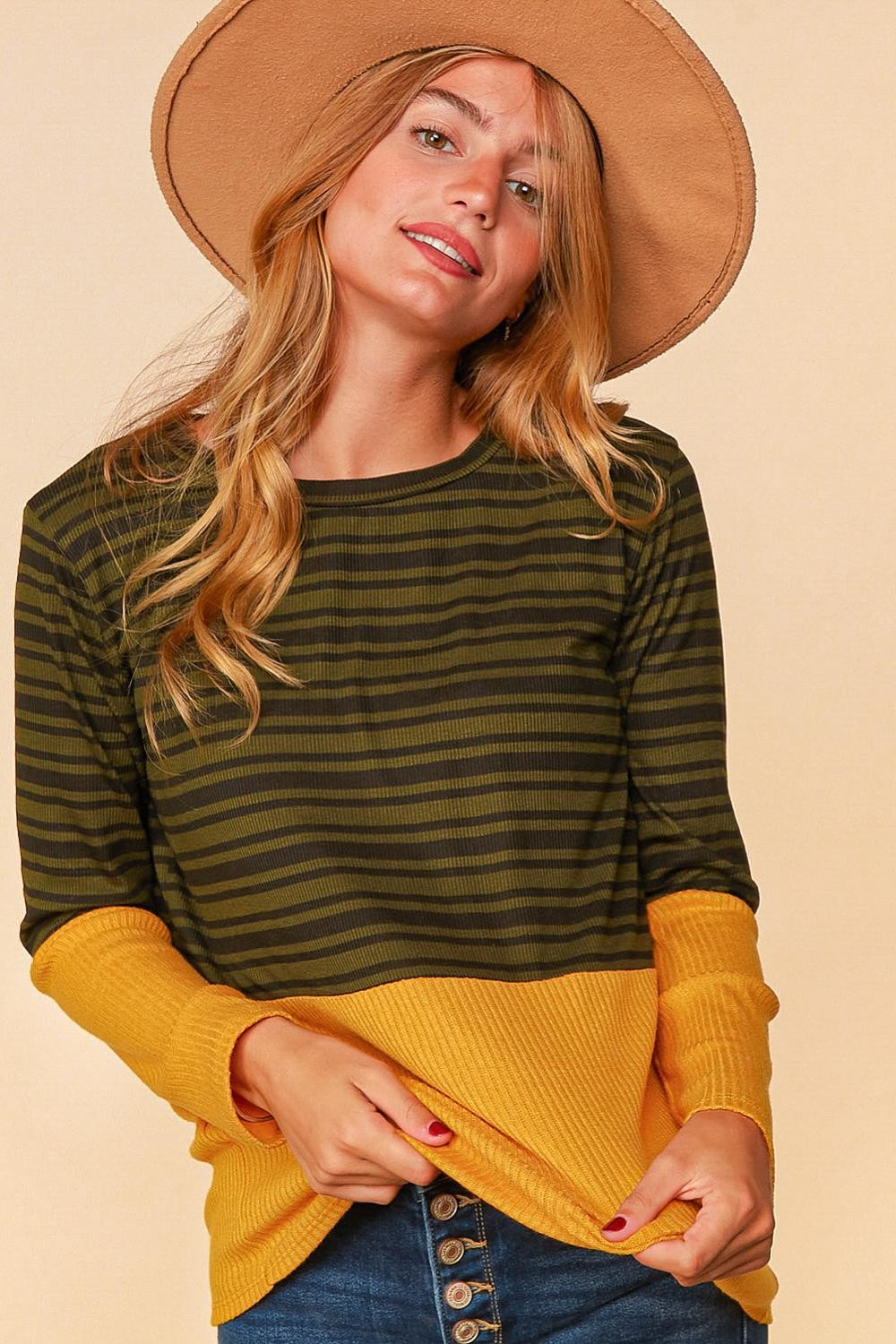 OLIVE & MUSTARD STRIPE RIB COLOR BLOCK TOP