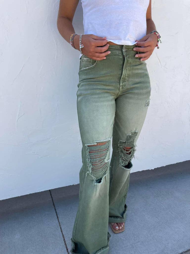 BLAKELEY DISTRESSED COLORED JEANS: OLIVE REG-32" INSEAM