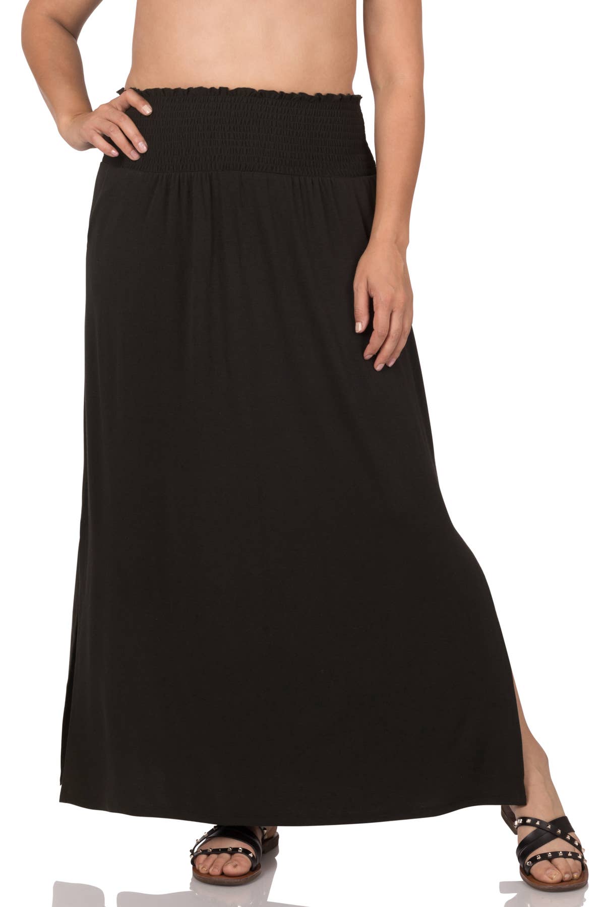 BLACK SMOCKED WAIST SIDE SLIT MAXI SKIRT WITH POCKET - PLUS SIZE