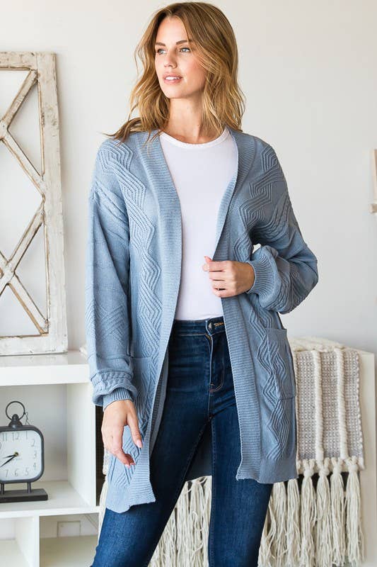 CABLE KNIT CARDIGAN WITH BALLOON SLEEVE - DUSTY BLUE